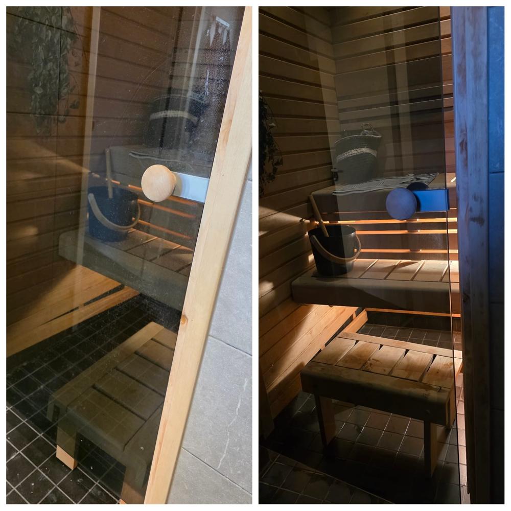 Saunan lasiovi ennen siivousta (vasemmalla) ja siivouksen jälkeen (oikealla)