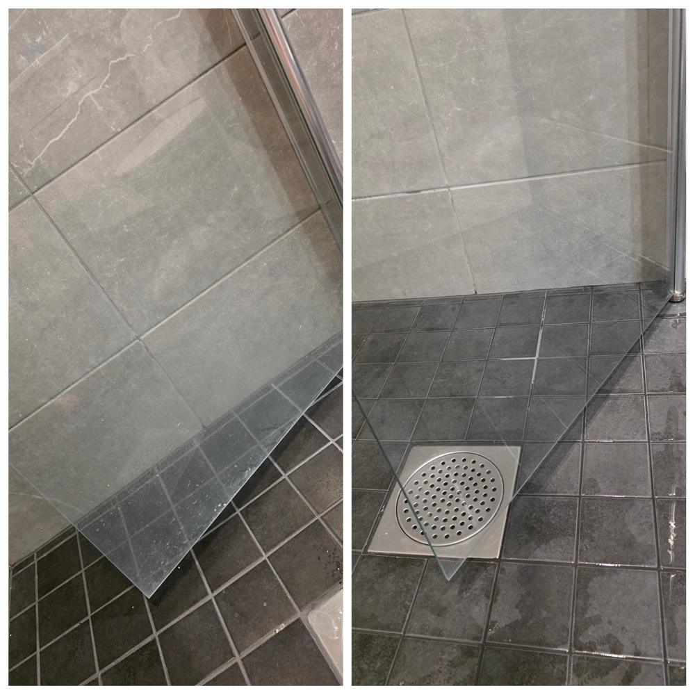 Suihkun lasiseinä ja kylpyhuoneen lattia ennen siivousta (vasemmalla) ja siivouksen jälkeen (oikealla)